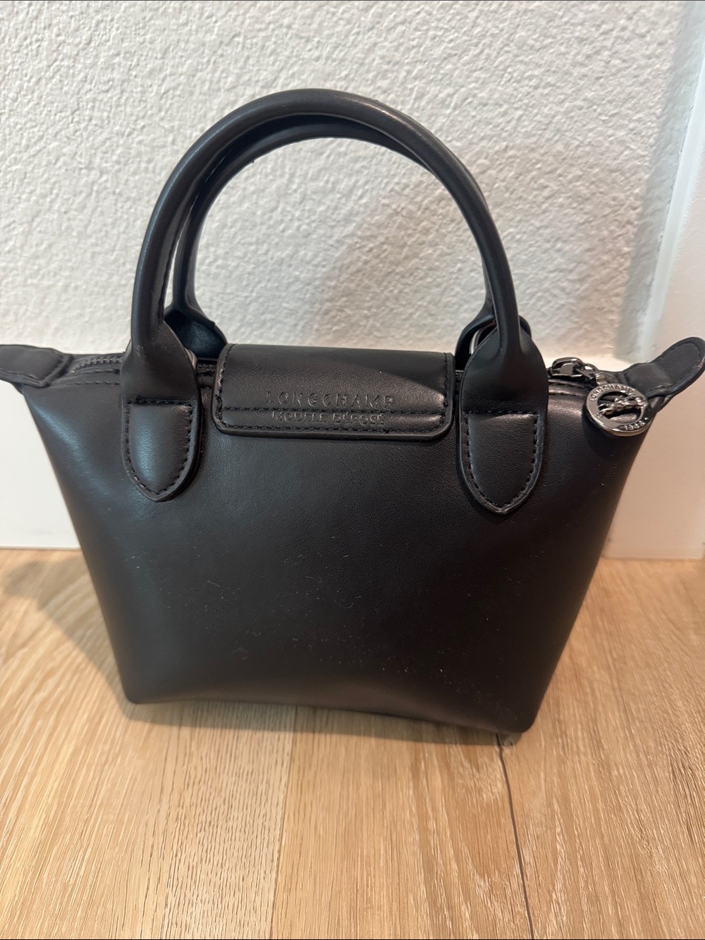 Longchamp Small Black Le Pliage Leather Top-Handle Bag - Picture 2 of 3